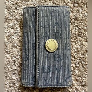 BVLGARI Blue Denim Key Holder Logo Mania Black Leather Interior 4 Hooks Luxury